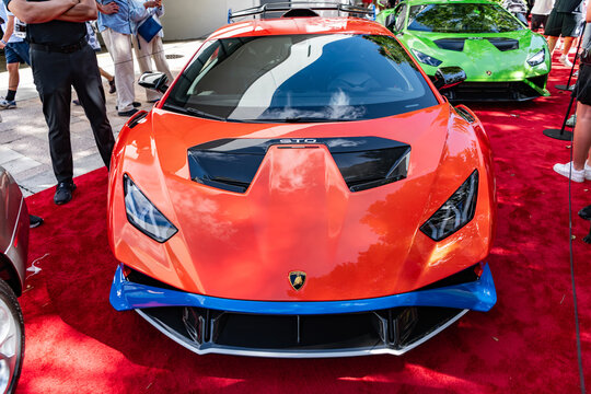 Miami, Florida, USA - February 16, 2025: Lamborghini, front view. Lamborghini Huracan STO 2024 sport car. Luxury red car Lamborghini Huracan STO. Car of Lamborghini Huracan STO parked outdoor.
