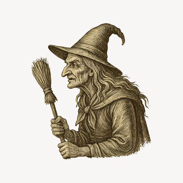 Vintage witch illustration broomstick