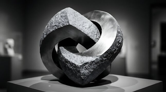 Modern interlocking stone sculpture in contemporary art gallery setting.