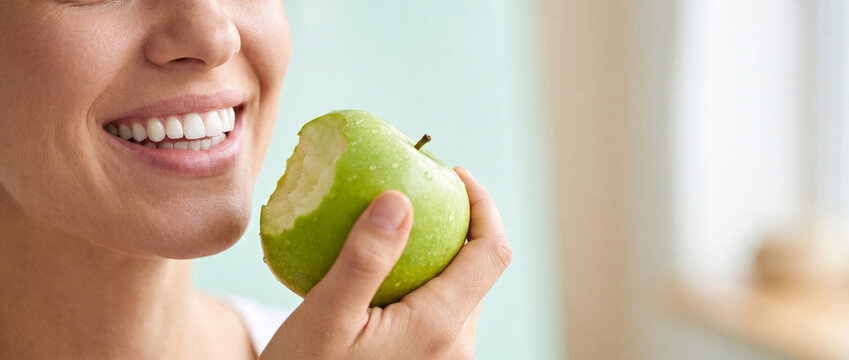 Woman with healthy smile holding a bitten green in a close up studio shot with soft lighting, ideal for dental hygiene, oral care, and nutrition wellness promotional campaigns