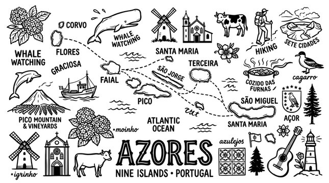 Azores Travel Icons in Minimal Black and White Doodle Style