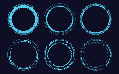 Sci-fi circular HUD interface elements set with cyan digital tech ring. Vector illustration of abstract futuristic cyber radar target reticle collection, virtual reality UI dashboard overlay template. © VisionaryFrames