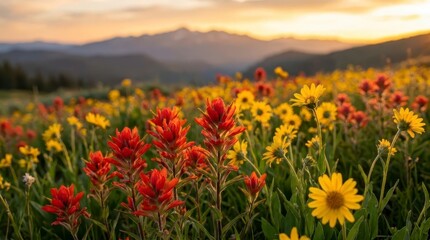 Fototapeta premium Wildflower field at sunset with mountains