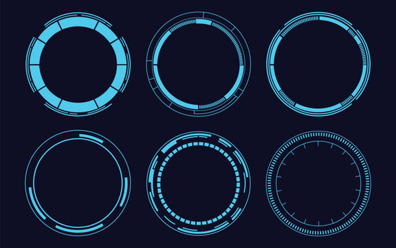 Sci-fi circular HUD interface elements set with cyan digital tech ring. Vector illustration of abstract futuristic cyber radar target reticle collection, virtual reality UI dashboard overlay template.