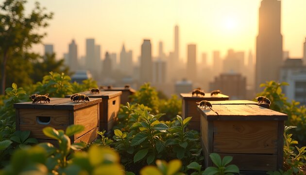 Urban rooftop apiary with beehives against city skyline at sunset, bees buzzing around on wooden boxes.