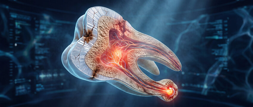 Human tooth cross section showing root canal in detailed medical illustration style with inflamed pulp and nerve damage on a blue digital background for dentistry and endodontic education
