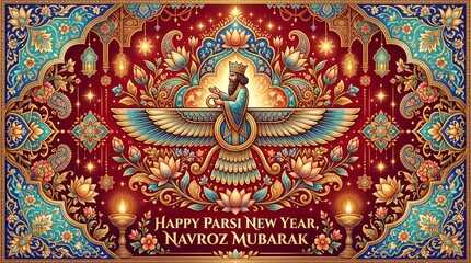 Fototapeta premium Ornate Faravahar Symbol with Traditional Persian Art for Parsi New Year Navroz Celebration