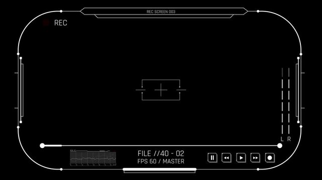 Futuristic Sci Fi Rounded HUD Camera Viewfinder Overlay with Audio Level Meters and Playback Controls