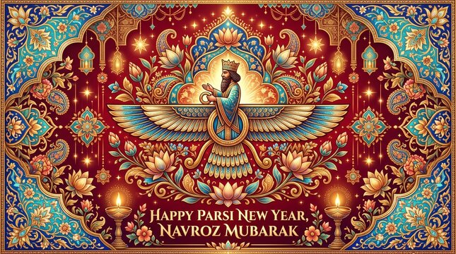 Ornate Faravahar Symbol with Traditional Persian Art for Parsi New Year Navroz Celebration