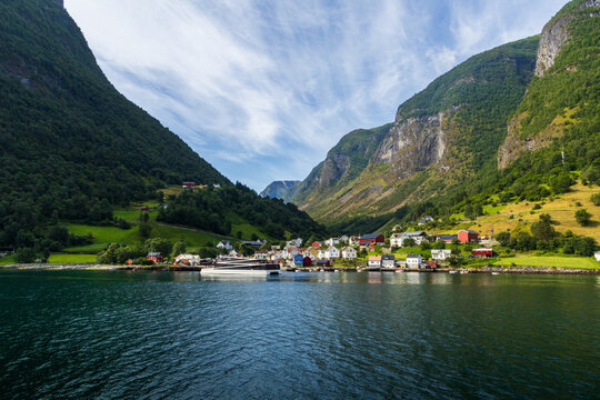 Electric Sightseeing Ferry moored at Undredal on Aurlandsfjord, Vestland, Norway