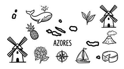 Fototapeta premium Azores Travel Icons in Minimal Black and White Doodle Style