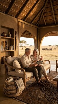 Mature couple using tablet on safari vacation