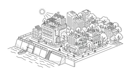 Obraz premium Sustainable eco city vector illustration depicting modern urban architecture with green rooftops solar panels lush trees and peaceful river scenery