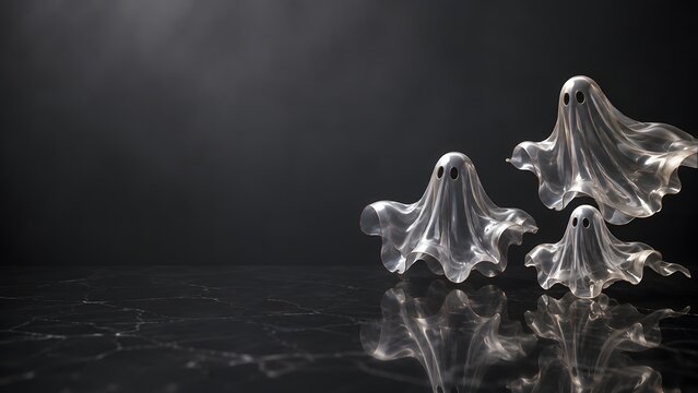 Minimalist halloween background featuring cute small ghost figures floating in a dark atmospheric moody night setting
