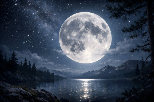 Luminous full moon glowing over calm sea lake water surface with night sky clouds