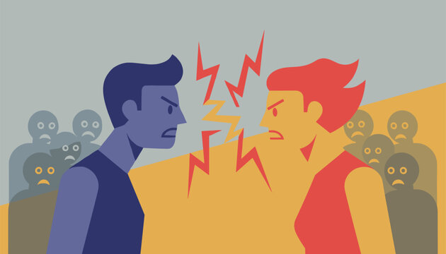 Angry man and woman arguing fiercely with lightning bolts between them, representing severe relationship conflict.