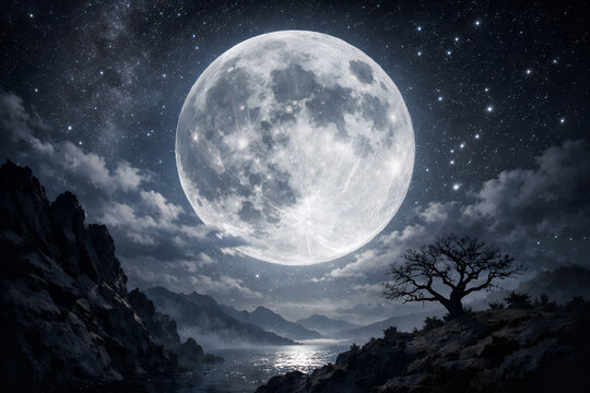 Giant glowing full moon over dark mystical mountain forest landscape with soft clouds sky