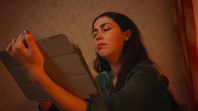 Low angle view of a young Caucasian woman using a tablet with a dissatisfied expression. Digital frustration, technology problems, online activity, and negative emotions concept