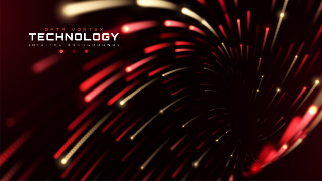 Abstract Digital Dark Red With Gold Glow Dot Particle Curve Stream Background Displays Fast Data Vortex Concept Providing Modern Digital Innovation Technology Communication Network.