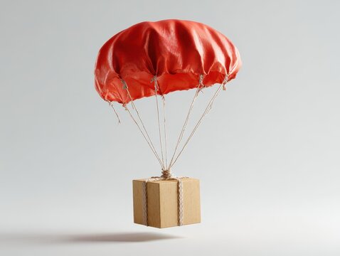 A small cardboard box descending with a red parachute