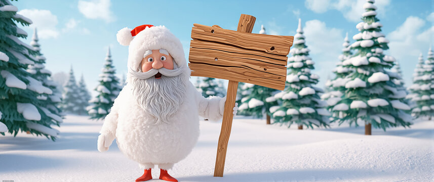 A cheerful cartoon Santa Claus holding a sign with the text Merry Christmas in the forest in winter