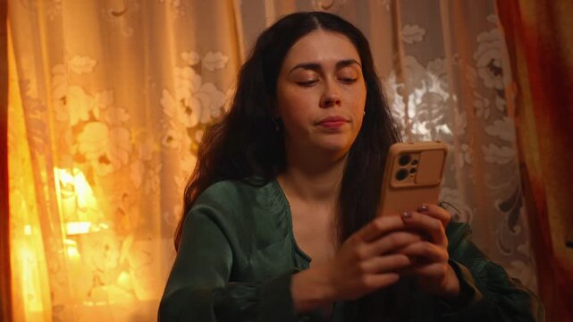 Low angle view of a young Caucasian woman using a smartphone with a dissatisfied expression. Digital frustration, technology problems, online communication issues, and negative emotions concept