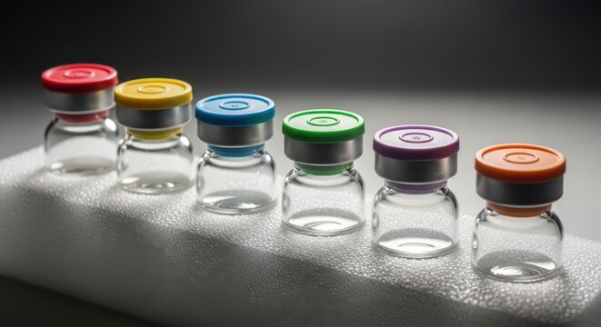 Collection of empty pharmaceutical vials with colored caps arranged in a line on a textured surface, laboratory equipment concept