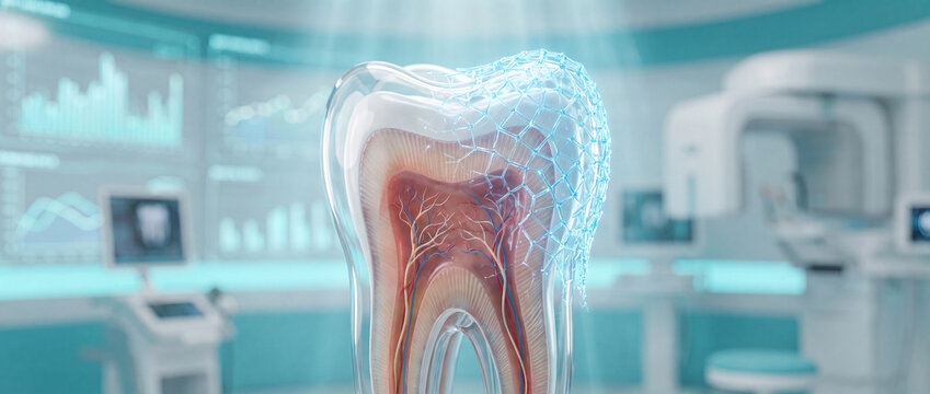 Human tooth cross section with digital wireframe showing internal pulp, blood vessels, clear enamel in glowing blue clinic, ideal for digital dentistry and smart enamel repair research