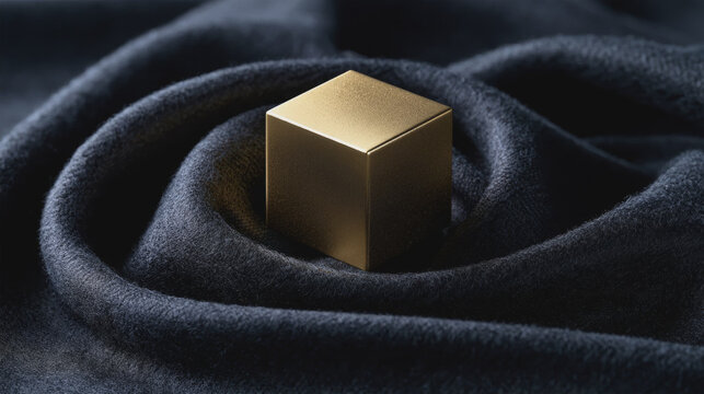 Golden metallic cube placed on elegant dark folded fabric background