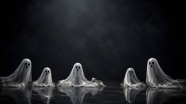 Spooky ghosts standing in a row against a dark moody atmosphere for a creative halloween background design