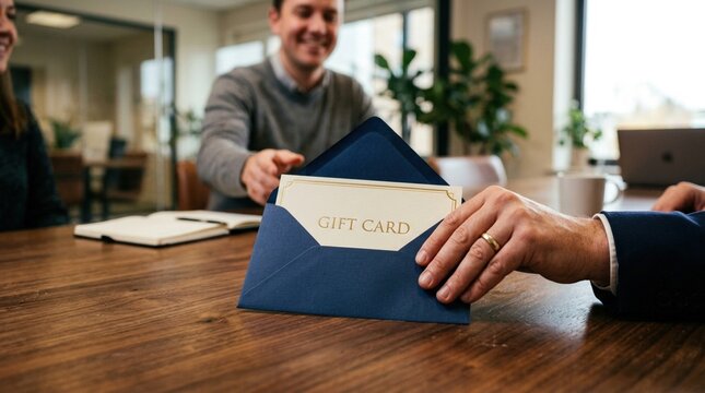Man in gray sweater handing a gift card from a blue envelope to another person at a wooden table in a modern office setting with plants and a laptop