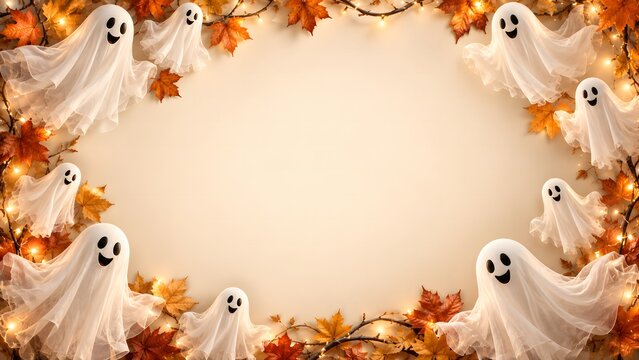 Festive halloween background featuring cute white ghosts and autumn leaves with a central empty space for text