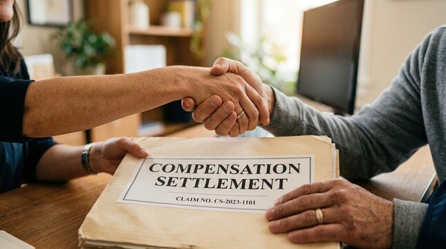 Two individuals shaking hands over a compensation settlement document on a wooden desk with a blurred office background and indoor plants visible
