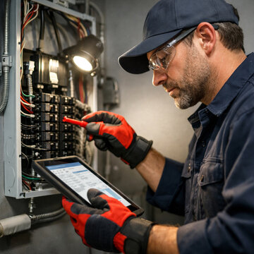 Licensed electrician inspects residential electrical panel, testing circuit breakers and reviewing diagnostics to support electrical safety, preventive maintenance and professional service.