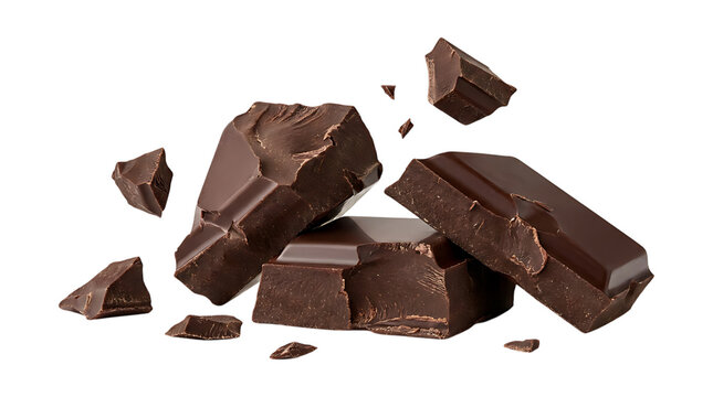 Broken dark chocolate pieces on transparent background