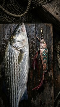Raw striped bass fish and fishing lure on aged dark wood surface with net background