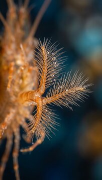 Macro shrimp antennae with water droplets on feathery bristles against blurred dark blue background