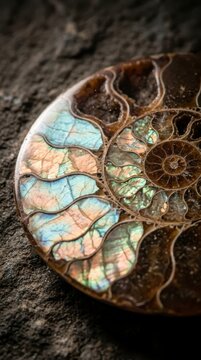 Iridescent ammonite fossil close up on rock