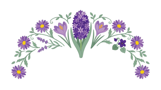 Elegant purple spring flower arch vector, a beautiful floral border with hyacinths, crocuses, violets, and daisies, perfect for decorative design elements and nature-themed graphics.