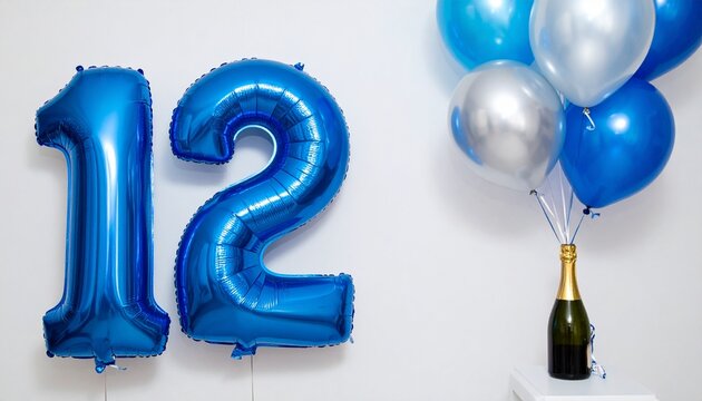 Blue Number 12 Balloon with Champagne Bottle for Birthday or Anniversary Celebration