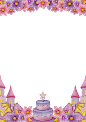 Obraz premium Watercolor Princess Fairy Frame Border with Flowers, Unicorn, Butterfly, Castle and Birthday Cake for Girls Birthday Invitation Card Background