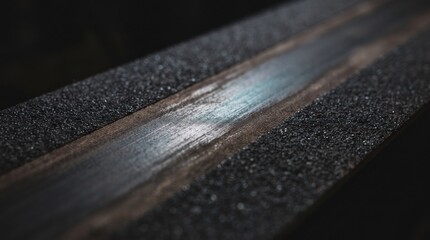 Fototapeta premium A stunning wooden plank shines gently under the soft glow of evening light, its rich texture contrasting beautifully with the dark surroundings. Nature and craftsmanship unite in harmony.