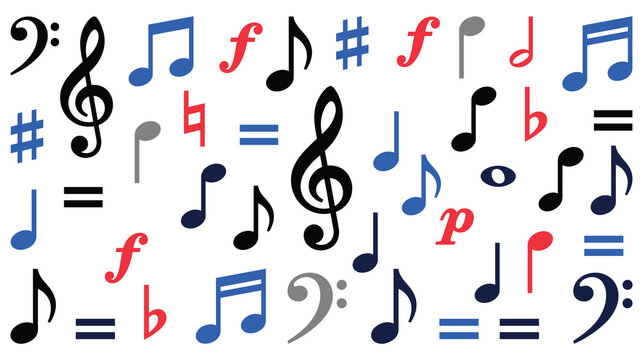 Musical notes and symbols collection on white background.