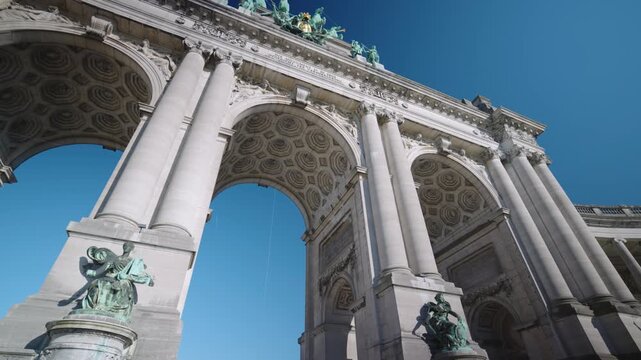 Walking out of Brussels Belgium Triumphal Arch in Parc du Cinquantenaire