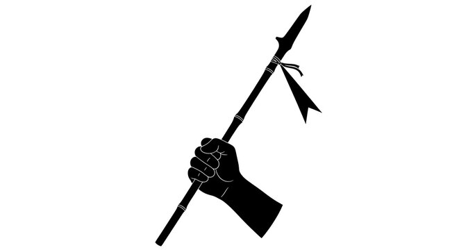 Silhouette of a hand firmly gripping a tribal spear
