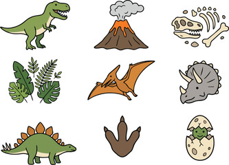 Cute dinosaur character set with volcano and fossils vector illustration © S M Sajib