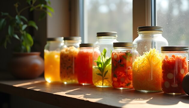 Assortment of colorful preserved foods in mason jars on a wooden shelf by window.