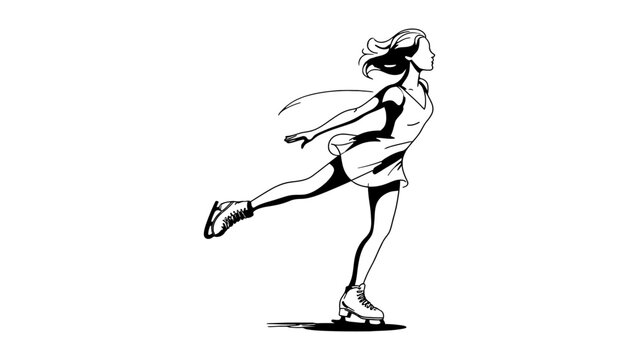 Black and white ink sketch of a graceful young woman figure skating on ice Vector, illustration