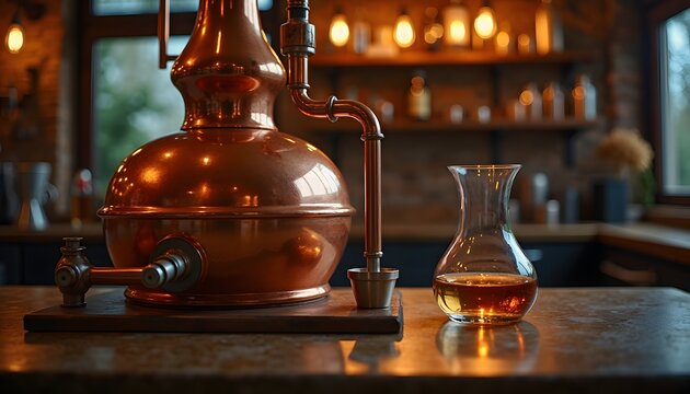 Copper alembic still with glass carafe of amber liquid in distillery.