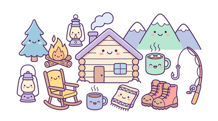 Naklejka premium Kawaii mountain cabin and landscape scene.